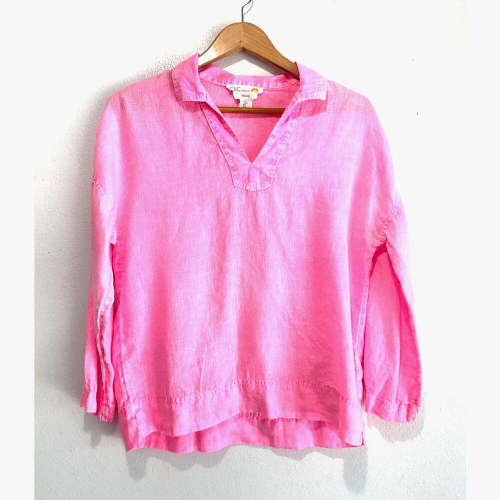 C&C California 100% linen shirt summer vacation resort colorful pink women S